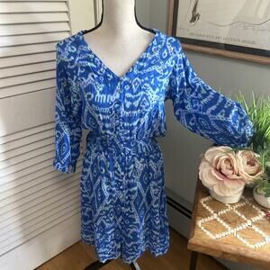 WALKER WADE Shirt Dress Womens Medium Blue Aztec Print Casual Coastal Preppy